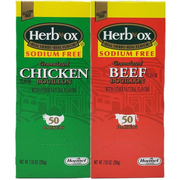 Herb-Ox Sodium Free Bouillon Bundle,`Beef and Chicken, 100 Total Packets