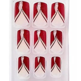 Kiss Fashion Design Nails Medium Burgundy Gold Sparkle Glue On Nails DGDN10