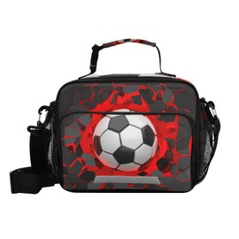 Dussdil Soccer Ball Red Lighting Lunch Bags for Boy Men Lunch Box Insulated Thermal Cooler Bag Reusable Organizer Tote Lunch Bag with Adjustable Shoulder Strap for Work Picnic Beach Sporting