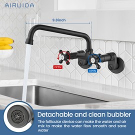 Airuida Matte Black Wall Mount Kitchen Sink Faucet 9 Inch Spout Reach Commercial Utility Laundry Restaurant Mixer Tap Adjustable Center Double Cross Handles 360 Rotatable Spout