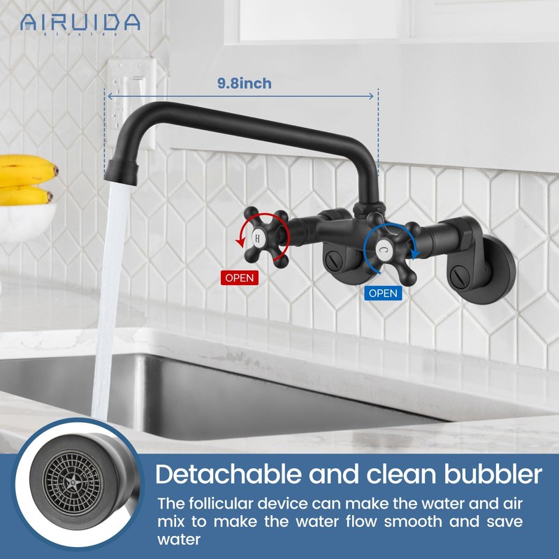 Airuida Matte Black Wall Mount Kitchen Sink Faucet 9 Inch