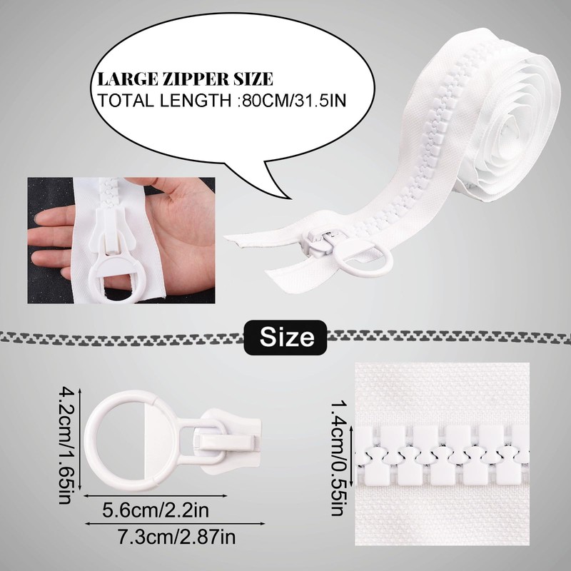CRAFFANCY White Large Plastic Zipper, Teeth Heavy Duty Zipper for