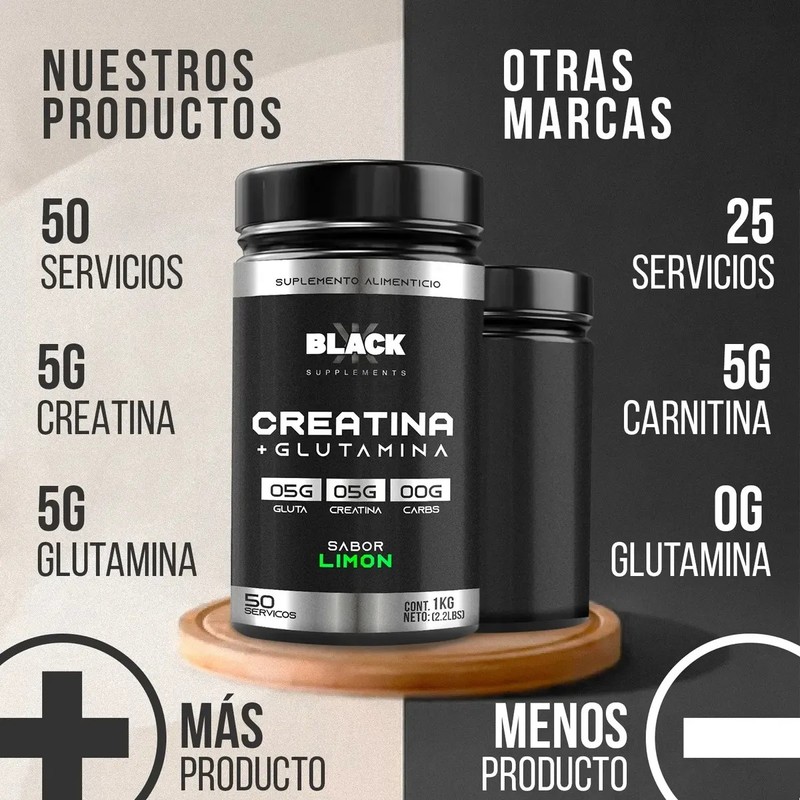 Black Creatina Glutamina 1 Kg 50 Servicios Varios Sabores