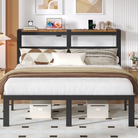 ChicZhiNest Full Black Bed Frames with Charging Station and LED Lights, Full Platform Bed with Heavy Duty Metal Slats, Storage Headboard, Under Bed Storage, No Box Spring Needed, Noise Free