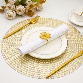 Gold Round Placemats Metallic Pressed Vinyl Hollow Out Heart Table Mats Set of 6 Easy Clean Non-Slip Washable for Dining Tables Kitchen Decor