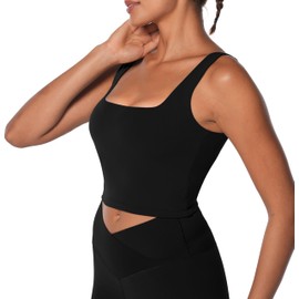 Sunzel Women's Double Lined Tank Top, Sleeveless Square Neck Crop Top, Yoga & Fitness Fitted Workout Casual Activewear Shirt Black Small