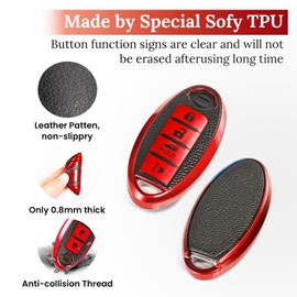 CTRINEWS for Nissan Key Fob Cover with Carbon Fiber Style Belt Keychain, Advanced Soft TPU Surface Grain Key Case for Nissan Key Shell (4 Button only) (Red, Carbon Fiber)