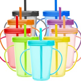 Youngever - Juego de 8 tazas de plástico para niños de 12 onzas con tapas y pajitas, 8 tazas reutilizables para niños pequeños con pajitas y mango en 8 colores surtidos