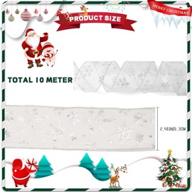 6.3 cm Christmas Tree Ribbon, Snowflake Pattern Christmas Organza Ribbon Sheer Glitter Ribbon Wired Ribbon, Christmas Decor Gift Christmas Ribbons for Crafting (10 m Silver Ribbon)