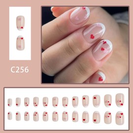 Valentine's Day French Tips Press on Nails Oval Glossy Full Cover Short Oval False Nails with Love Heart Designs Reusable Acrylic Heart Fake Nails with Glue Stick on Fingernails for Women Girls