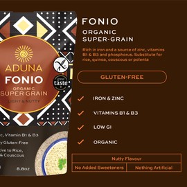 Aduna Organic Fonio Supergrain | Ancient African Whole Grain Rich in Iron, Zinc, B Vitamins & Fiber | Natural Gluten-Free Rice, Quinoa & Couscous Alternative | Porridge, Salads, & Stir-Fries | 1kg