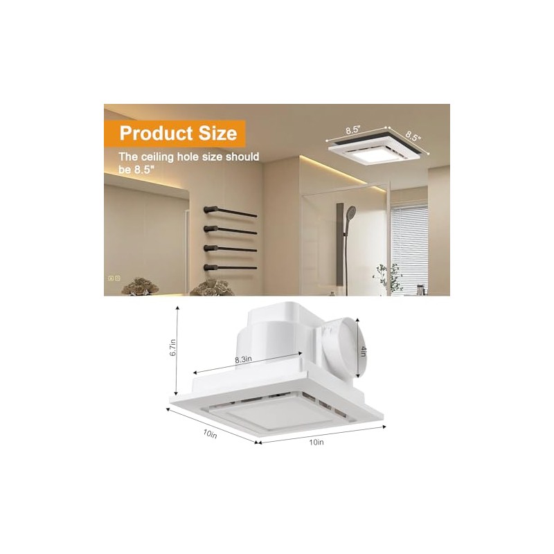 10" Ultra Quiet Bathroom Exhaust Fan with 6500K LED Light,