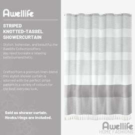Awellife Boho Gray Shower Curtain for Bathroom Extra Long Stripe Tassel Shower Curtain 72 X 78 Inches