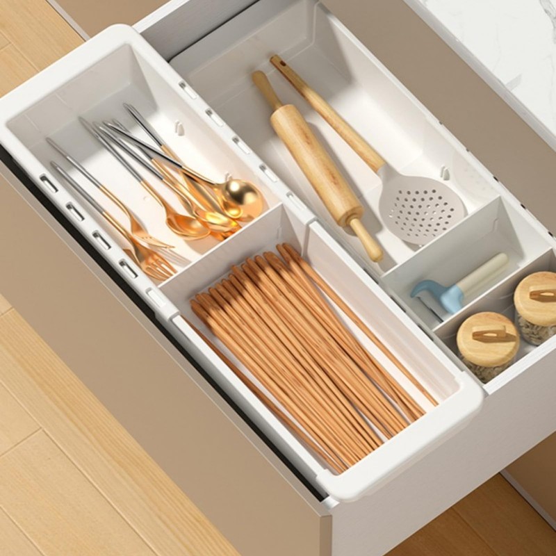 EooUooIP Sliding Drawer Tray with Adjustable Dividers, Expandable Kitchen Storage