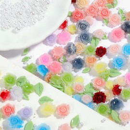 100PCS Flower Nail Art Charms, 3D Floral Nail Charms with Pearls and Leaves for Acrylic Nails, DIY Manicure Decoration for Women Girls
