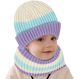 Balakaka Knitted Hat Scarf Set Pom Pom Hat & Scarf Warm Winter 0-6 Years Autumn Winter Plush Knitted Hat + Tube Scarf Cute Windproof Warm Soft Winter Hat Baby Bobble Beanie Hats, Purple Mint 1