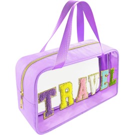 Bunliuys Chenille Letter Clear Makeup Bag Travel Patch, Travel Toiletry Makeup Bag with Handle, Nylon Waterproof Makeup Bags clear cosmetic bag, preppy patch makeup bag for Women (TRAVEL-Violet),
