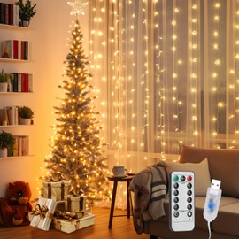 Aigostar 3 × 3 m 300 LED-Weihnachtsvorhanglichter, Kupferdraht-Lichterkette mit Fernbedienung, 8 Modi einstellbare Helligkeit Lichterkette mit Timer für Hochzeiten, Partys (Warmweiß)