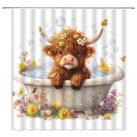 YSATNSFT Funny Highland Cow Shower Curtain Cute Calf in Bathtub Western Cattle Bubble Rustic Animal Spring Floral Fabric Bathroom Decor Set with Hooks,(70" WX70 H)
