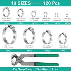 MIAHART 120Pcs Stainless Steel Single Ear Hose Clamps with Ear Clamp Pincer 10 Sizes 304 Stepless Crimp Clamps for Securing PEX Tubing Pipe Hose and Automotive Use with Storage Box 1/4 inch-1 1/8 inch