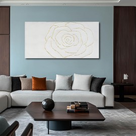 NBAODAN Textured Wall Art Abstract Floral Painting White Pictures Wall Decor Gold Line Art 24"x 48" Large Artwork For Living Room Bedroom office Wall Decor