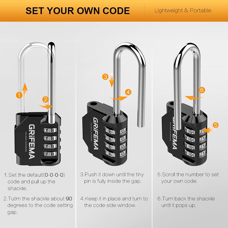 GRIFEMA GA1002 4 Digit Combination Padlock, Long Shackle Padlocks Outdoor