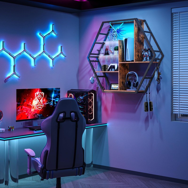 Saudism Floating Shelves with Lights, Led Shelves for Wall, Gaming