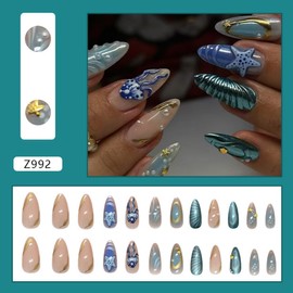 Medium Press on Nails for Women French Tip Fake Nails with Fingers Nails Ocean Design False Nails 24 Pcs (Style D, Medium)