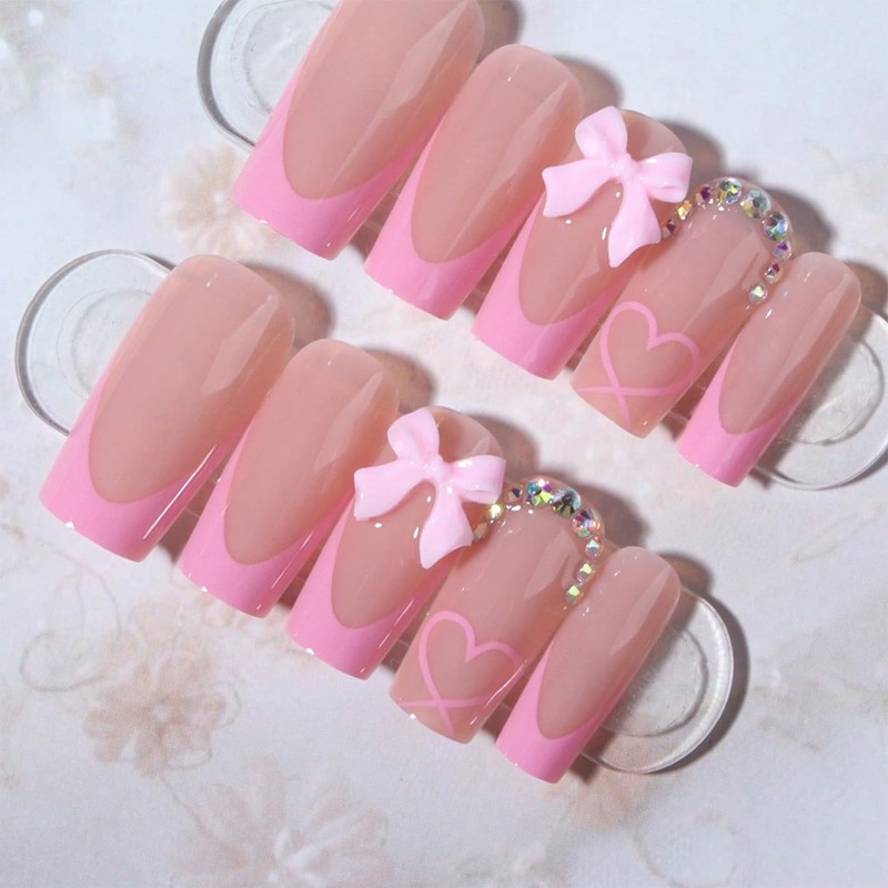 GlamRays 24 Piece French Tip Sticker Nails, Long Coffin Shape,