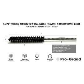 Pro-Graad TwistFlex 0.472” (12mm) 600SC Cylinder Hone | Flexible Cylinder Honing & Deburring Tool | Bore Brush for Hole Diameters 0.433” – 0.472” | Silicon Carbide 600 Grit | 0.20" Shank | 8" Length