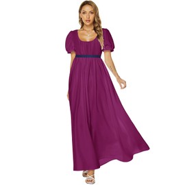 Regency Dresses for Women Bridgerton Dress for Women with Satin Sash Vintage Ball Gown Ruffle Puff Sleeve (Mulberry L)