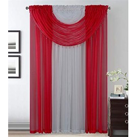 Kids Zone Home Linen 4 Panels with Attached Valances All-in-One Red White Sheer Rod Pocket Curtain Panel 84 Inches Long with Crystal Beads - Window Curtains for Bedroom, Living Room or Dinning Room