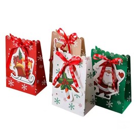 Christmas Gift Wrap Bag with Ribbon, 7.2 inch x 4.7 Inch 16 Pack with 4 Cute Xmas Designs, Xmas Gift Wrap Box for Christmas Party, Gift Packing