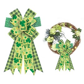 Estivaux Large St. Patrick's Day Bows for Wreath, Irish Shamrock Wreath Bows Green Buffalo Plaid Bows Burlap Tree Topper Bows for Front Door Saint Patrick's Day Carnival Masquerade Party Decor