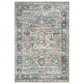 Bloom Rugs Caria Washable Non-Slip 4x6 Rug - Blue Green/Tangerine Traditional Area Rug for Living Room, Bedroom, Dining Room, and Kitchen - Exact Size: 4' x 6'