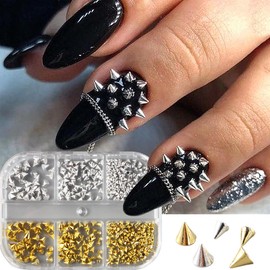 6 Grids Gold Silver Punk Bullet Rivet Nail Charm,3D Gothic Punk for Nails Alloy Flat Bottomed Pointed Cone Mixed Nail Art Rhinestones Studs DIY Crafts Nails for Women DIY Nail Decoration Accessories
