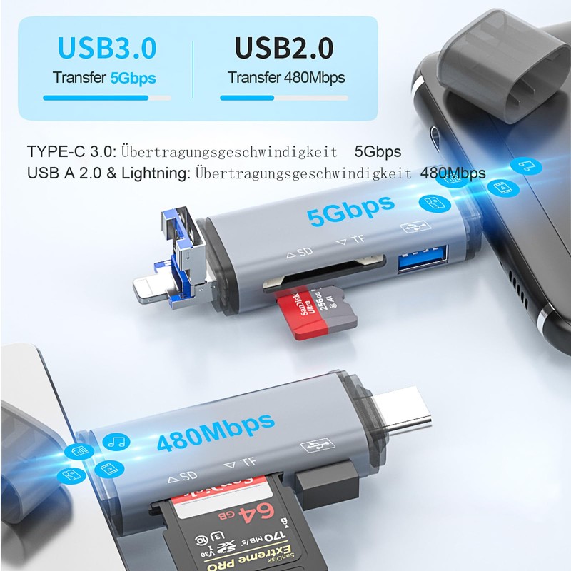 6 in 1 SD Card Reader, 3 Male USB A/USB