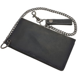 myledershop Genuine Buffalo Full Leather Landscape Format Biker Wallet / Purse / Wallet with Metal Chain with Removable Card Case with RFID & NFC Protection in Vintage Grey, gray, Retro