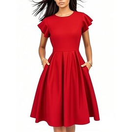 oxiuly Red Dresses for Women 2025 Summer Business Casual Office Work Professinal Classy Short Flare Sleeve Pleates High Waist A Line Scope Neck Vintage Dress Fei376 Red Solid S