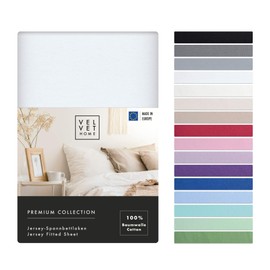 VelvetHome Fitted Sheet, 160 x 200 cm, 100% Combed Cotton, Made in the EU, Jersey Bed Sheet for Mattress Height up to 25 cm, Premium Quality, Beautiful Colours, White