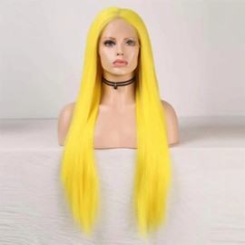 KAMIMASU Wigs Long Silky Straight Lemon Yellow Synthetic 13x3 Lace Wig Heat Resistant Fiber Hair Yellow Hair for Women for Family Makeup Party Cosplay 24inches