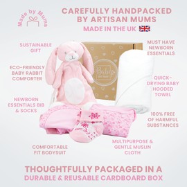 Baby Box Shop - 6 Baby Essentials for Newborn Baby Girl, Ideal Baby Shower Gifts & Christening Gifts for Girls, Includes a Baby Comforter, Pink Hooded Baby Towel, Muslin Cloth, Bodysuit, Bib & Socks