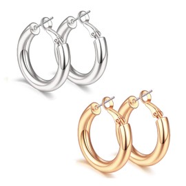 sovesi Chunky Gold Hoop Earrings for Women, 14K Real Gold Plated Thick Hoops Earrings with 925 Sterling Silver Post, Rose Gold and Silver Hoops Earrings Set 25mm