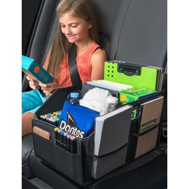 Car Seat Organizer, Front Seat Car Organizer with 6 Side Pockets, Collapsible Leather Car Organizers with Elastic Bands can Hold Cups, for Passenger Seat and Backseat, Car Travel Essentials, Black