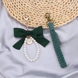 Macrame Wristlet Keychain for Women Pearl Chain Bow Keychain for Handbags Backpack Purse Pendant Keychains for Women Girls Girlfriend 2pcs Handmade Keychain Bracelet Wristlet for Women Girls Bestie