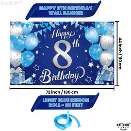 KatchOn, XtraLarge Blue and Silver Happy 8th Birthday Banner - 72x44 Inch | 8th Backdrop for Happy Birthday Decorations | Blue and Silver Party Decorations