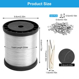 APOMOONS Clear Fishing Wire Set - 200M Invisible Monofilament Line with 120 Crimp Sleeves & Scissors - Strong Nylon Wire for Hanging Crafts, DIY Decorations, Jewelry Beading