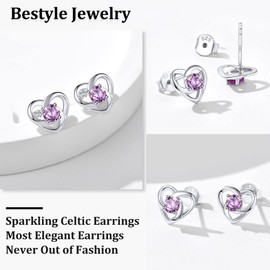 Bestyle Sparkle Synthetic Alexandrite Crystal Stud June Birthstone Earring Sterling Silver Heart Celtic Knot Stud Gemstone Earrings Classic Elegant Women Silver Earrings