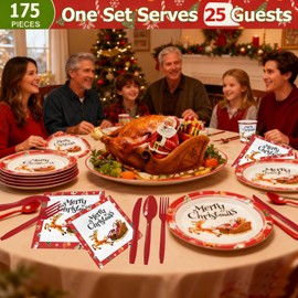 (25 Guests) 175pcs Christmas Plates and Napkins, Knives, Forks, Spoons, Cups, Disposable Dinnerware Set Paper Plates with Silverware for Christmas New Year Thanksgiving Party