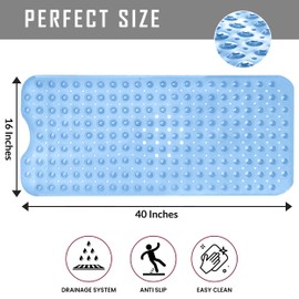 LUX Decor Non Slip Bath Mat for Tub - 40x16 Extra Long Inside Shower Bathtub Mat with Drain Holes and Suction Cups Bathmat for Bathroom (Clear Blue)